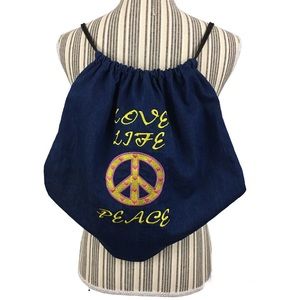 Love Life Peace Dark Denim Hippie Draw String Shoulder Bag Backpack